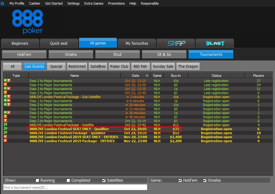 888poker lobby, you can see $33 satellites